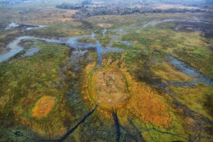Aerial landscape of the Okavango Delta in Botswana, a UNESCO World Heritage wetland and premier safari destination.