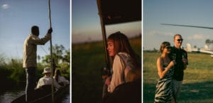 Collage of safari experiences at Atzaró Okavango Camp, including mokoro canoe, game drives, and helicopter safaris in the Okavango Delta, Botswana