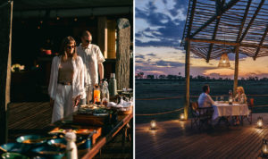 A collage showing a gourmet breakfast buffet in the morning sun and a romantic candlelit dinner on a wooden deck at Atzaró Okavango Camp, Botswana.