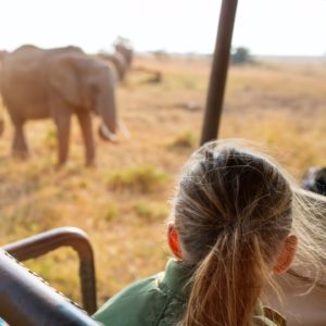 A woman looking at an elephant during the Game Drive Experience in the Okavango Delta.