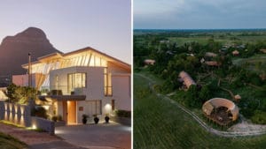 Collage featuring a panoramic view of the Atzaro boutique hotel in Cape Town and a view of the Atzaro Okavango camp in Botswana