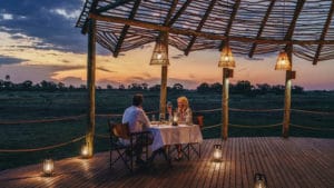 Dinner featuring high-quality cuisine at the luxury Atzaro Okavango camp in Botswana.